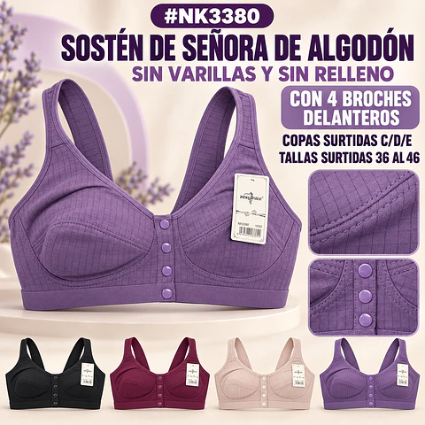 Sostén algodón copa C/D/E con broches adelante sin barbas y sin rellenos tallas y colores surtidas la docena 