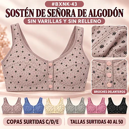 Sostén algodón copa C/D/E con broches adelante sin barbas y sin rellenos tallas y colores surtidas la docena 