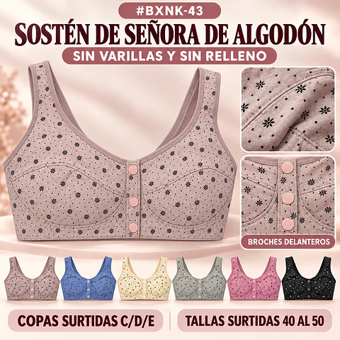 Sostén algodón copa C/D/E con broches adelante sin barbas y sin rellenos tallas y colores surtidas la docena 