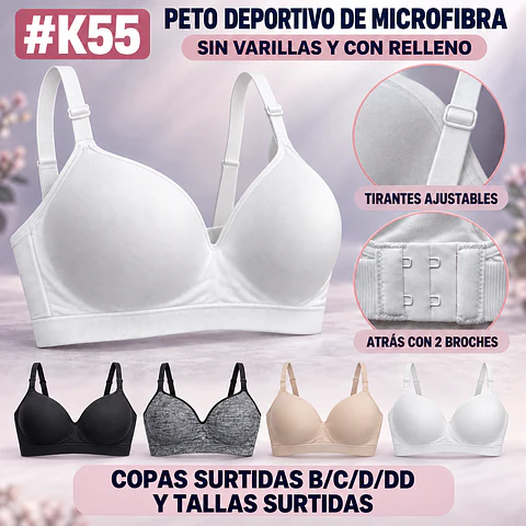 Peto deportivo microfibra copas surtidas B/C/D/DD y tallas surtidas por docena 