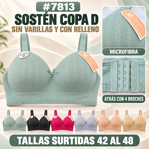 Sostén copa D sin barbas y con rellenos tallas y colores surtidas la docena 