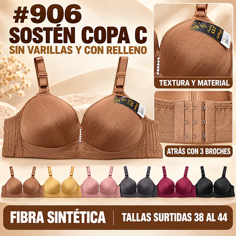 Sostén copa C sin barbas y con rellenos tallas y colores surtidas la docena 