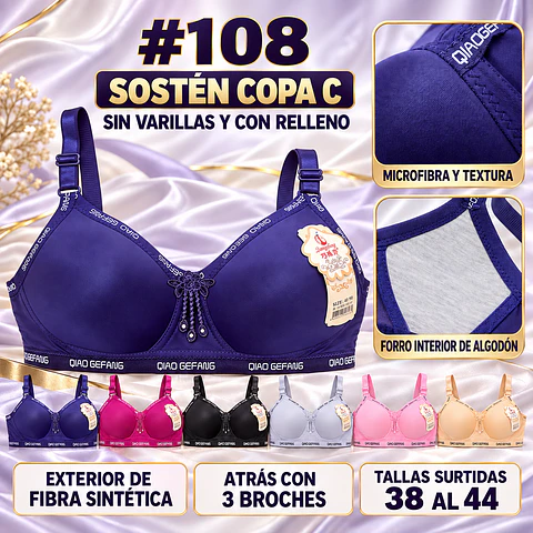 Sostén copa C sin barbas y con rellenos tallas y colores surtidas la docena 