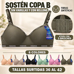 Sostén copa B sin barbas y con rellenos tallas y colores surtidas la docena 