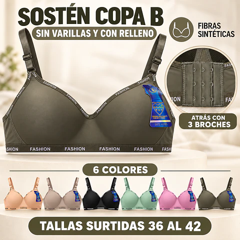 Sostén copa B sin barbas y con rellenos tallas y colores surtidas la docena 
