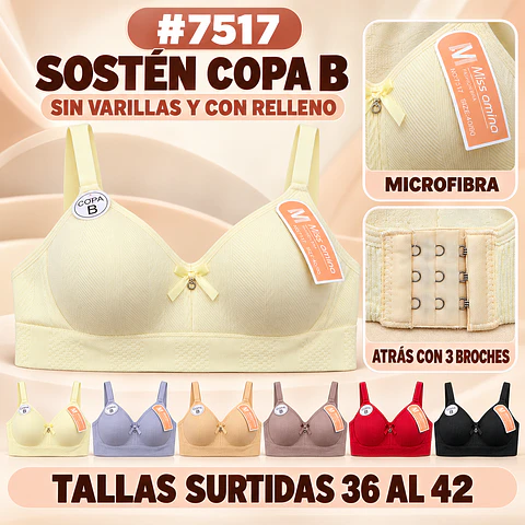 Sostén copa B sin barbas y con rellenos tallas y colores surtidas la docena 