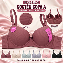 Sostén copa A con barbas y con rellenos tallas y colores surtidas la docena 