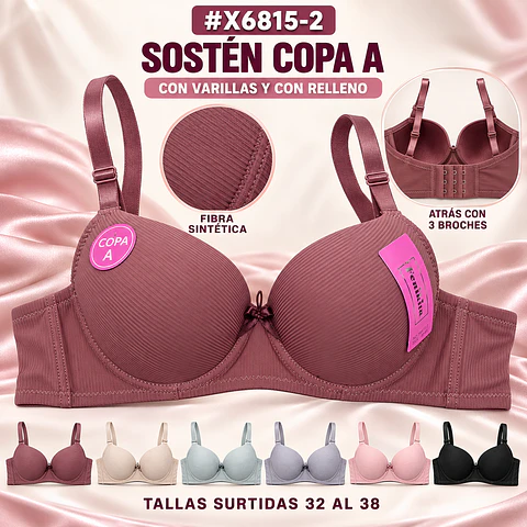Sostén copa A con barbas y con rellenos tallas y colores surtidas la docena 