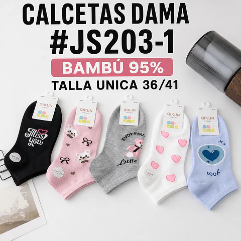Calcetas dama Bambú #js203-1 Talla única 36/41 y colores surtidas la docena 