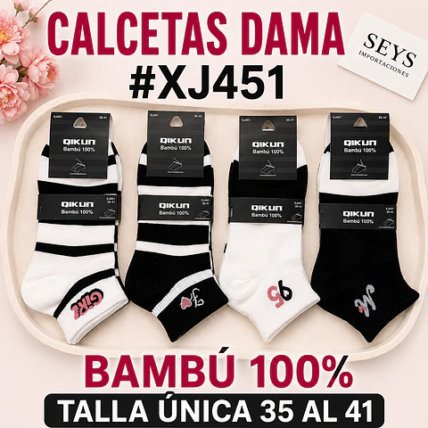 Calcetas dama Bambú #XJ 451 Talla única 36/41 y colores surtidas la docena 
