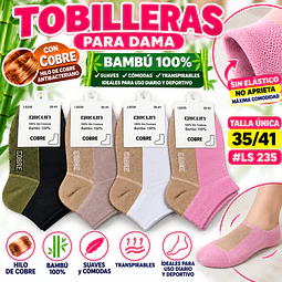 Tobilleras dama #LS 235 bambú 100% con Cobre sin costura talla única 35/41 la docena 