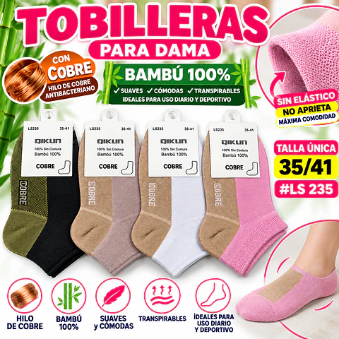 Tobilleras dama #LS 235 bambú 100% con Cobre sin costura talla única 35/41 la docena 