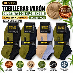 Tobilleras Varón #LS 135 bambú 100% con Cobre sin costura talla única 39/46 la docena 