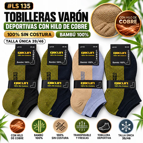 Tobilleras Varón #LS 135 bambú 100% con Cobre sin costura talla única 39/46 la docena 