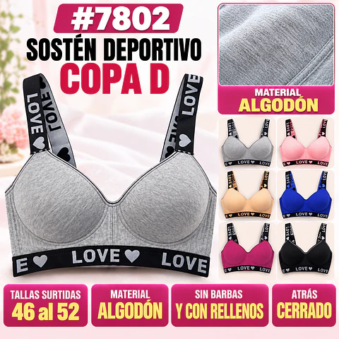 Sostén deportivo copa D tallas y colores surtidas la docena 
