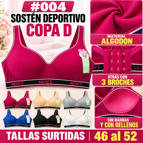 Sostén deportivo copa D tallas y colores surtidas la docena 