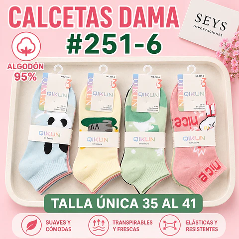 Calcetas dama algodón 95% #251-6 Talla única por docena 