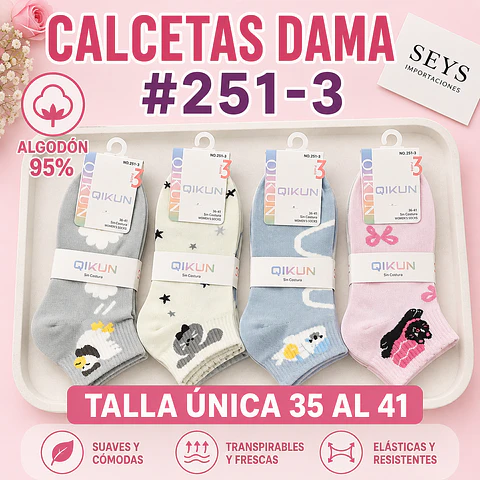 Calcetas dama algodón 95% #251-3 Talla única por docena 
