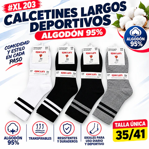 Calcetas deportivos Unisex algodón 95% Talla única y colores surtidas la docena 