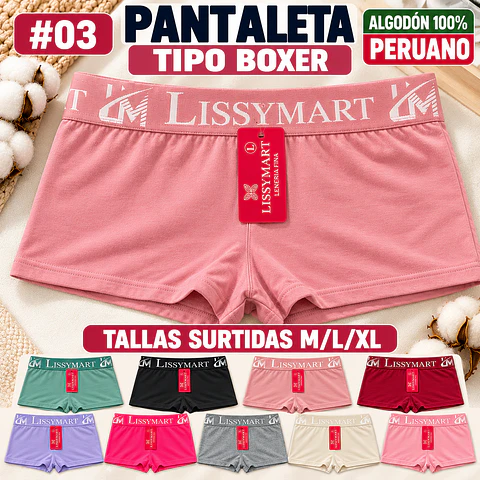 Pantaleta tipo Boxer algodón peruano 💯 Tallas surtidas Por docena 
