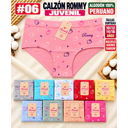 Pantaleta Rommy algodón💯 Peruano Juvenil Tallas surtidas 10/12/14/16 por docena 