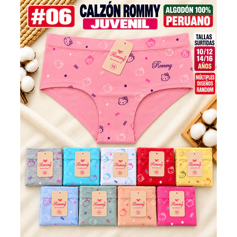 Pantaleta Rommy algodón💯 Peruano Juvenil Tallas surtidas 10/12/14/16 por docena 