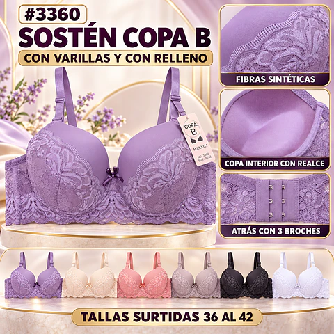 Sostén copa B tallas y colores surtidas la docena 