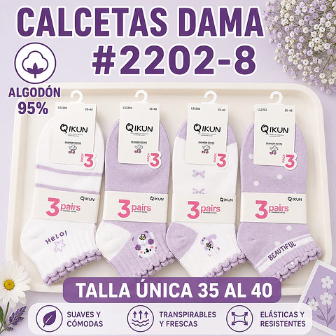 Calcetas Dama Algodón 95% #2202-8 Talla Única Por Docena
