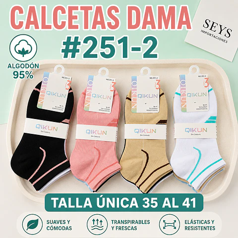 Calcetas Dama Algodón 95% #251-2 Talla Única Por Docena