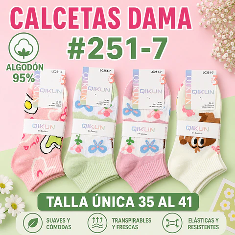 Calcetas Dama Algodón 95% #251-7 Talla Única Por Docena