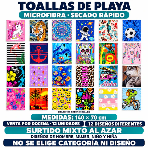 Toallas de Playa de Microfibra 140 × 70 cm – Secado Rápido – Para Toda la Familia – Diseños al Azar Por Docena