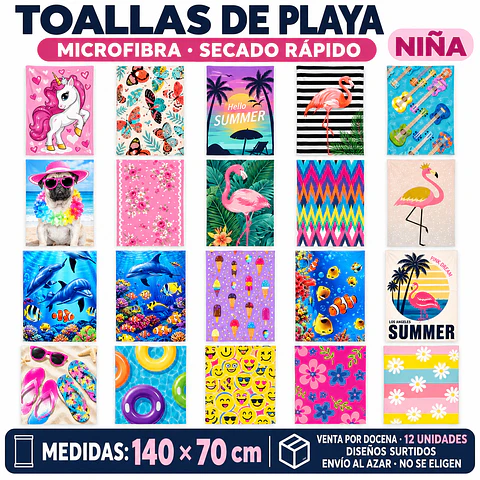 Toallas de Playa para Niña de Microfibra 140 × 70 cm – Secado Rápido – Diseños Enviados al Azar Por Docena