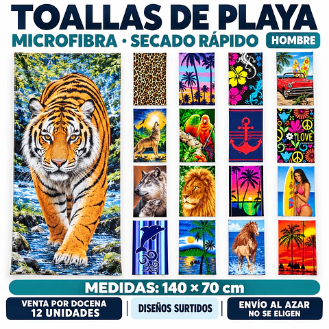 Toallas de Playa para Hombre de Microfibra 140 × 70 cm – Secado Rápido – Diseños Enviados al Azar Por Docena
