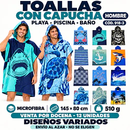 Toallas Con Capucha para Hombre de Microfibra 145 × 80 cm – Secado Rápido – Diseños Enviados al Azar por docena