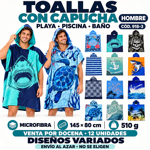 Toallas Con Capucha para Hombre de Microfibra 145 × 80 cm – Secado Rápido – Diseños Enviados al Azar por docena
