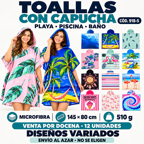 Toallas Con Capucha para Mujer de Microfibra 145 × 80 cm – Secado Rápido – Diseños Enviados al Azar por docena