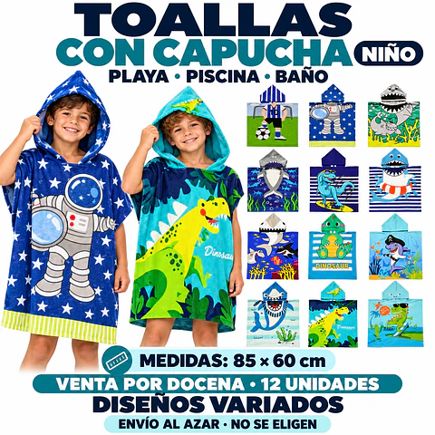 Toallas Con Capucha para Niño de Microfibra 85 x 60 cm – Secado Rápido – Diseños Enviados al Azar por docena