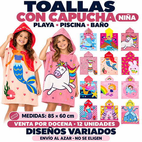 Toallas Con Capucha para Niña de Microfibra 85 x 60 cm – Secado Rápido – Diseños Enviados al Azar por docena