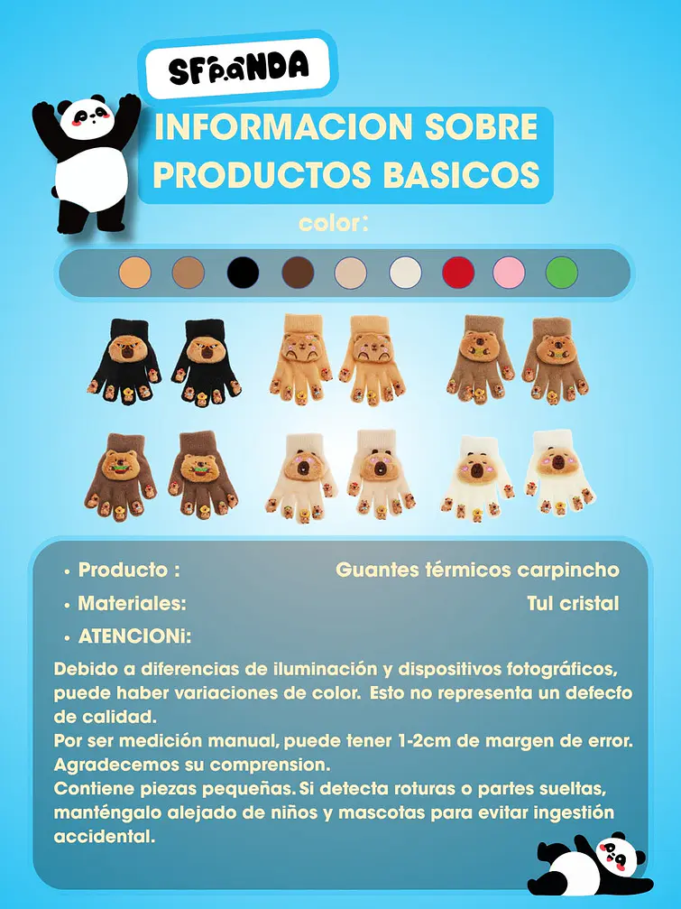 GUANTES INFANTILES CON DISEÑO CAPIBARA C/U 8