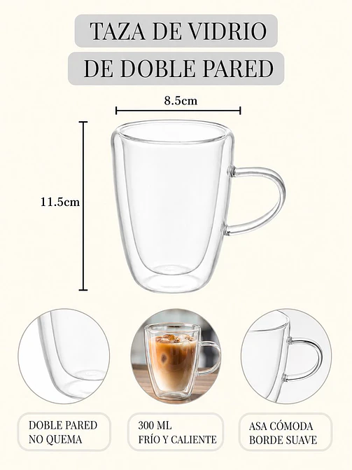 TAZA DOBLE VIDRIO 300 ML C/U 5