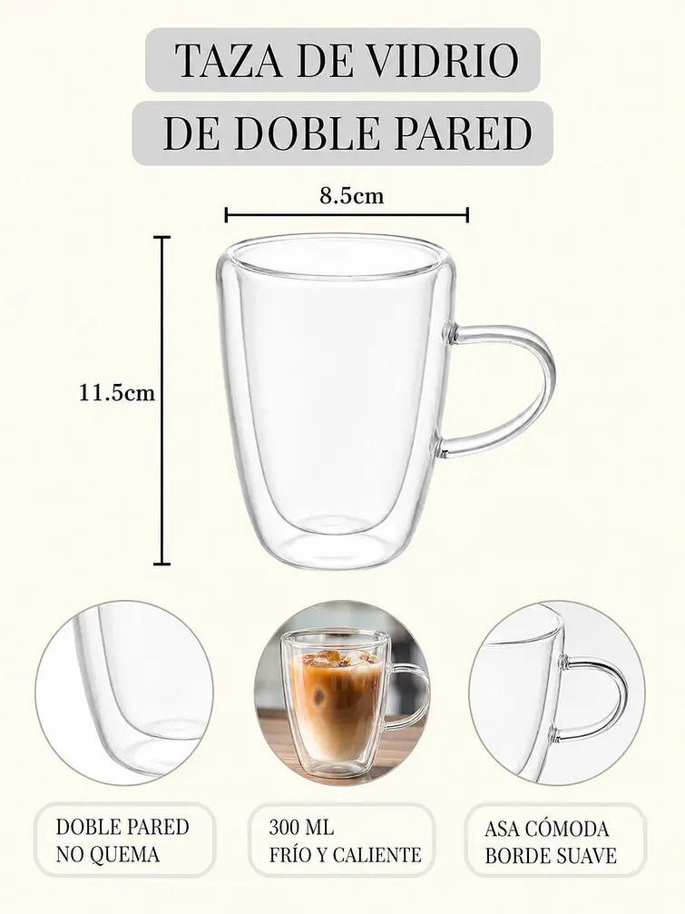 TAZA DOBLE VIDRIO 300 ML C/U 5