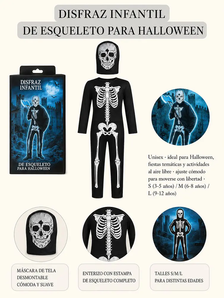 DISFRAZ DE ESQUELETO PARA NIÑOS C/U 6