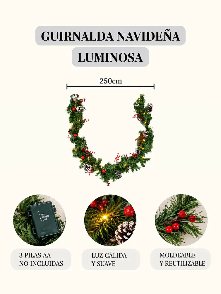 GUIRNALDA NAVIDEÑA CON LUCES 2.5 M C/U 8