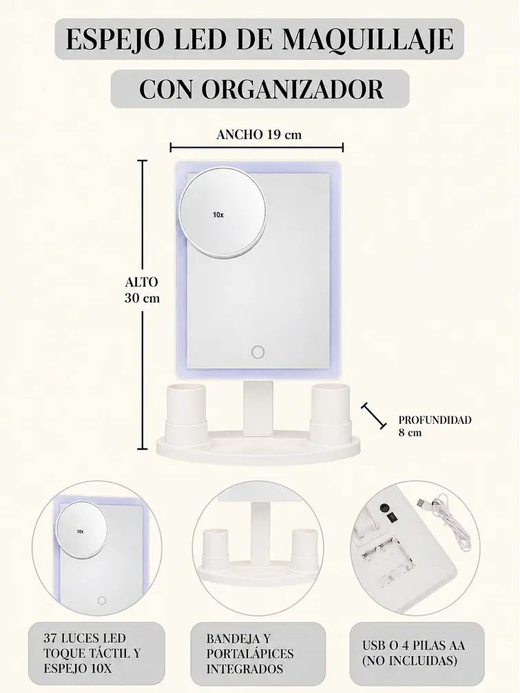 ESPEJO DE MAQUILLAJE LED C/U 8