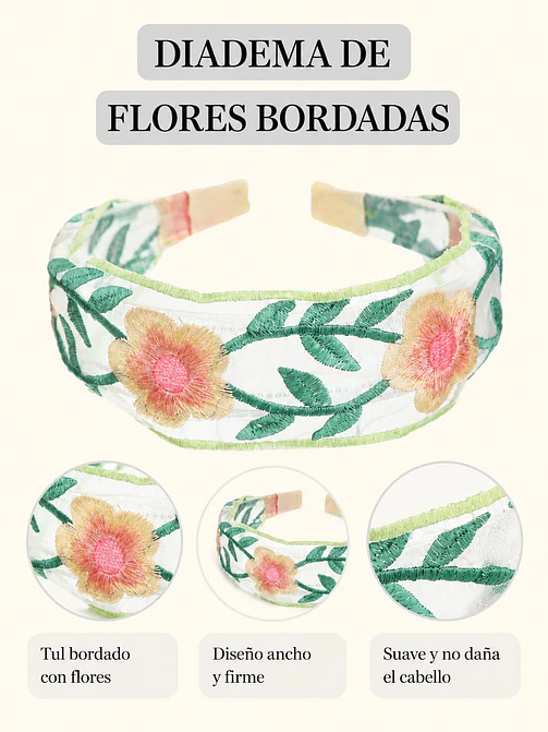 VINCHA BORDADA CON FLORES C/U 7