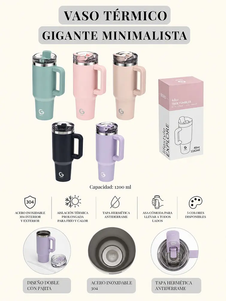 VASO TERMICO CON MANIJA 1200ML C/U 3