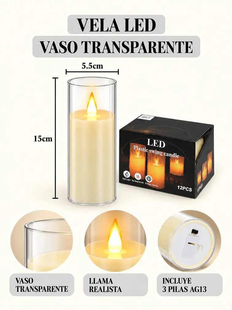 VELA LED CON VASO 15 CM 6