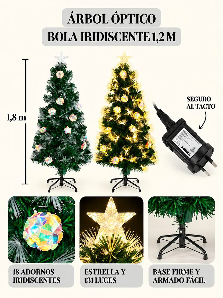 ARBOL CON LUCES Y ADORNOS IRIDISCENTES 1.8 M 9