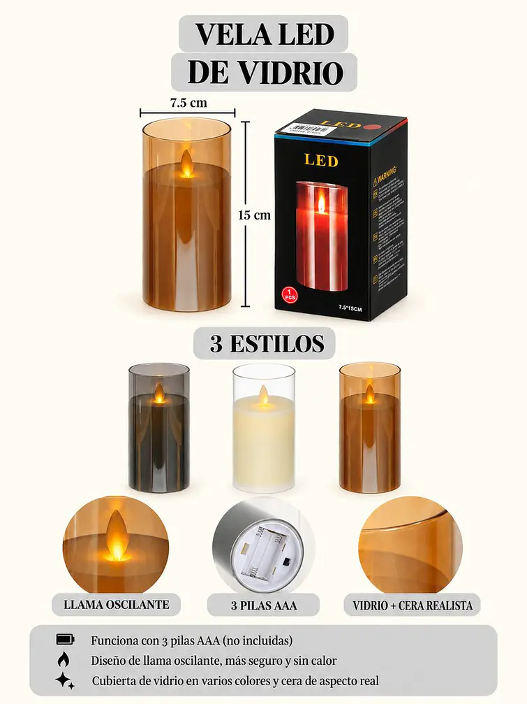 VELA LED CON VASO VIDRIO 15 CM 8
