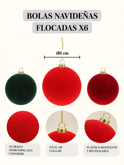 BOLAS DE NAVIDAD TERCIOLPELO 6 CM PACK*6 8